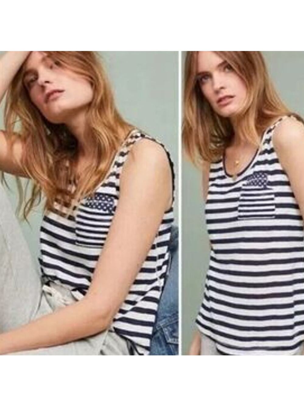 Anthropologie NWOT Women's Blue White Striped Knit Tank Size M